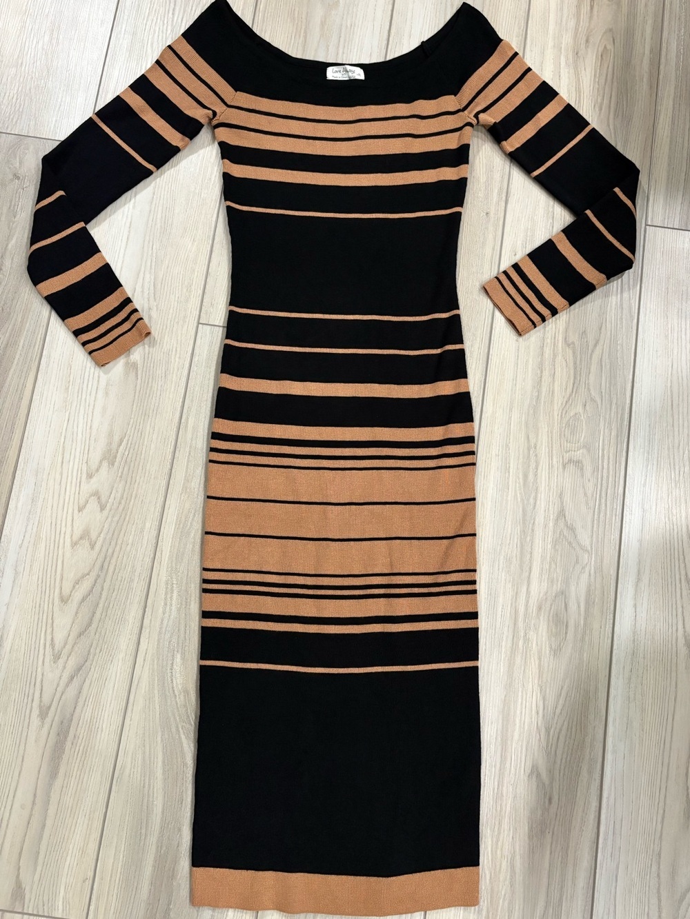 Black and Tan Striped Off-Shoulder Sweater Dress